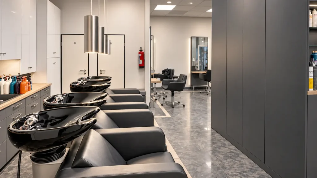 Waschplätze mit schwarzen Liegesesseln im Salon Lifestyle Haardesign
