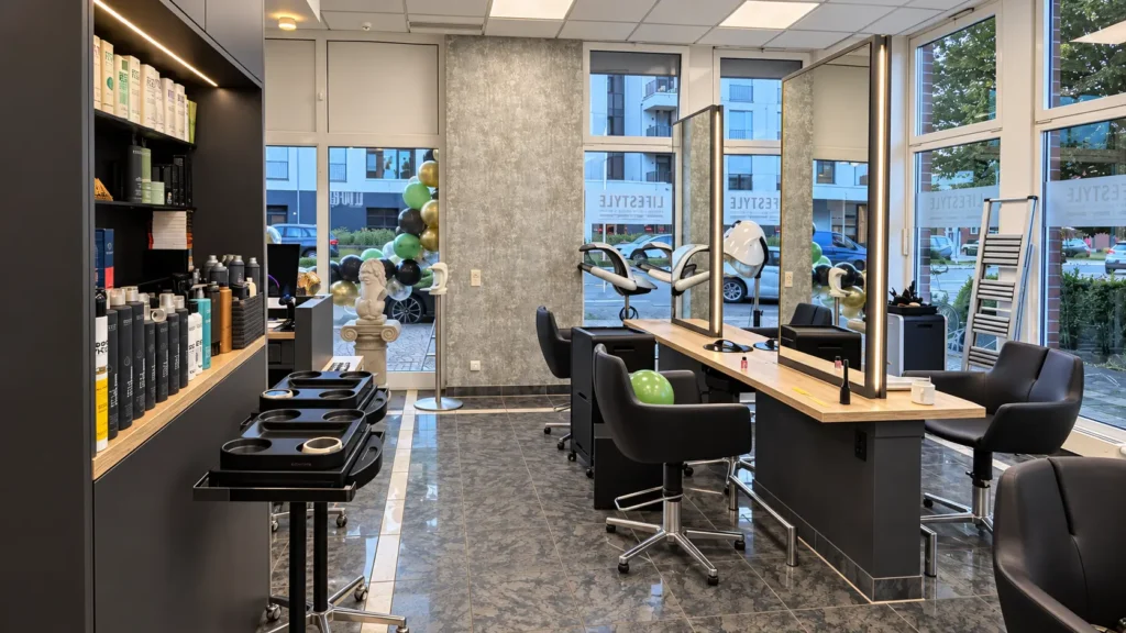 Styling-Plätze mit Spiegeln und Blick zum Fenster im Salon Lifestyle Haardesign