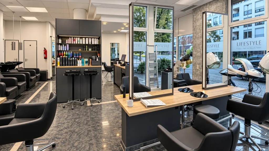 Frisierplätze und Produktregal im Salon Lifestyle Haardesign